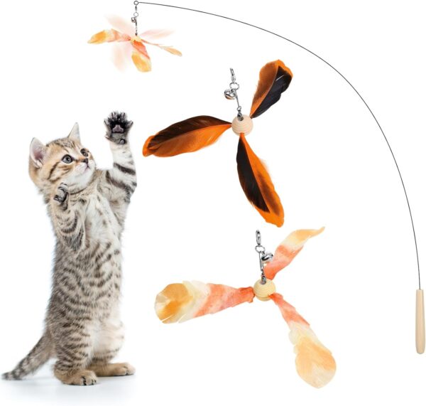 Pawaboo Feather Teaser Cat Toy, Interactive Feather Wand Cat Toy Flying Feather Cat Catcher with Extra Long 35" Wand and Small Bell, Fun Exerciser Playing Toy for Kitten or cat, Orange