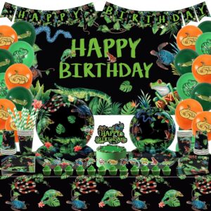 Obussgar Reptile Birthday Party Decorations - Reptile Party Supplies including Banner, Backdrop, Cake Toppers, Plates, Cups, Napkins, Balloons, Tablecloth for Birthday Party Decoration- Serves 20