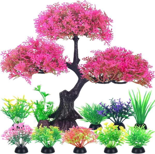 Borlech Aquarium Tree Plants Decorations, Fish Tank Plastic Plant Decor Set 10 Pieces (Pink)