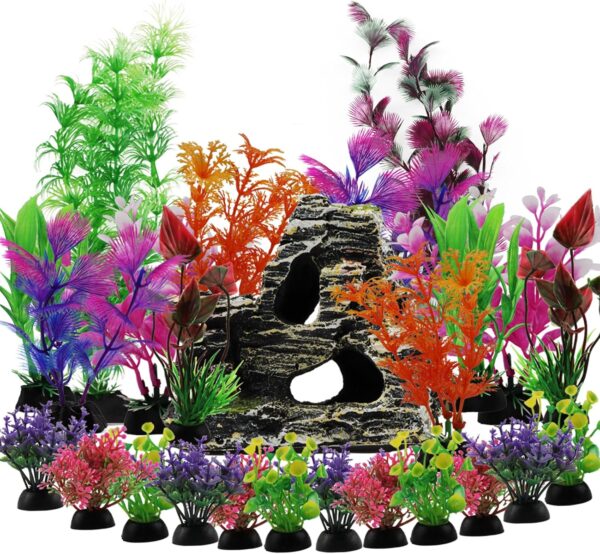 QUOZUO 25pcs Aquarium Decorations Plants with Rockery View, Aquarium Decor Plastic Plants and Rock Cave Hideout Ornaments, Fish Tank Accessories Plants for aquariums