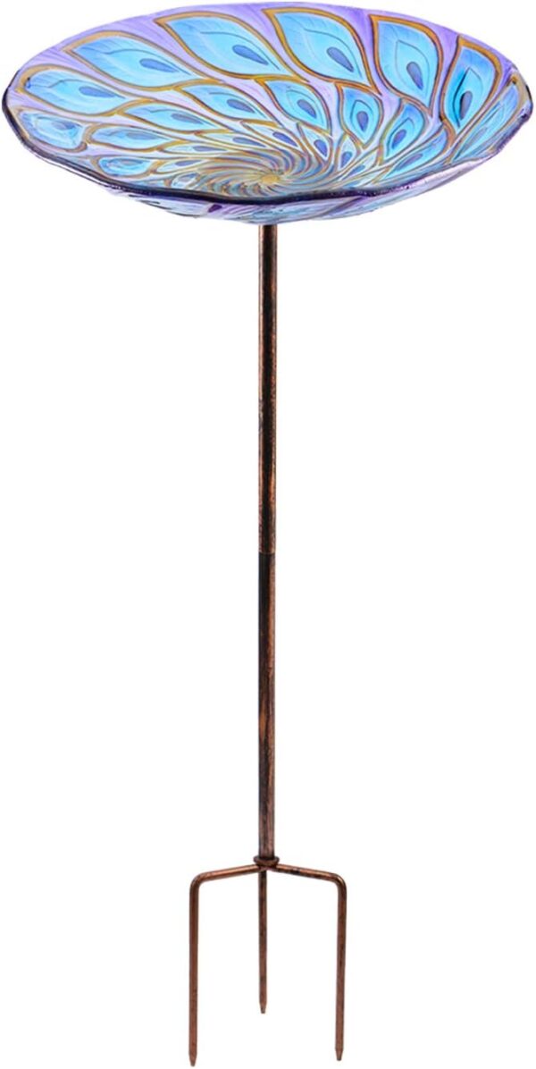 26 Inch Height Glass Bird Baths Birdfeeders with Metal Stake for Garden Lawn Yard Peacock