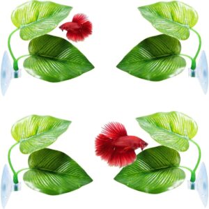 4 Pcs Betta Fish Leaf Hammock Betta Spawning Leaves with Suction Cup, The Natural Habitat, for Spawning Resting Aquarium Fish Tank Decoration Style, Beautiful, Strong and Durable(Green).