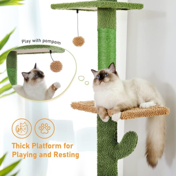 PAWZ Road Cactus Cat Tree Floor to Ceiling Cat Tower with Adjustable Height(229-275cm), 5 Tiers Cat Climbing Activity Center with Cozy Hammock, Platforms and Dangling Balls for Indoor Cats - Image 5