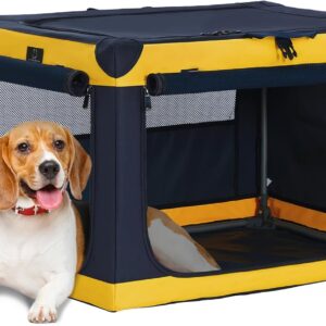 A 4 Pet Dog Crate, 30 Inch Portable Dog Travel Crate for Medium Dogs, Indoor and Outdoor use with Durable Steel Frame and Waterproof Bottom, Washable Fabric Cover, Yellow