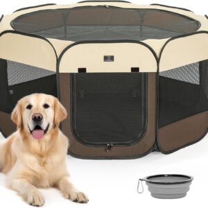 A 4 Pet Dog Playpen for Large Dogs, Portable and Collapsible Pet Playpen with Waterproof Bottom, Removable Zipper and Top, Dog pen Indoor/Outdoor Use, Brown