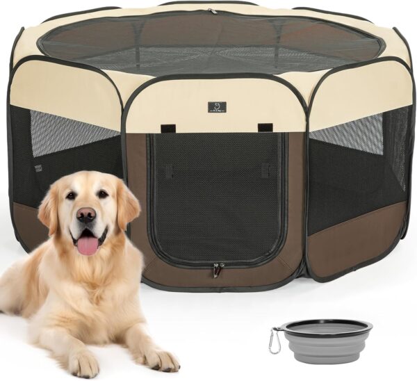 A 4 Pet Dog Playpen for Large Dogs, Portable and Collapsible Pet Playpen with Waterproof Bottom, Removable Zipper and Top, Dog pen Indoor/Outdoor Use, Brown