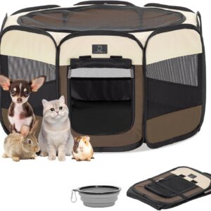 A 4 Pet Dog Playpen for Small Dogs, Waterproof Bottom, Color Block Dog Playpen with Removable Top Portable Collapsible Indoor/Outdoor Use, Bowl