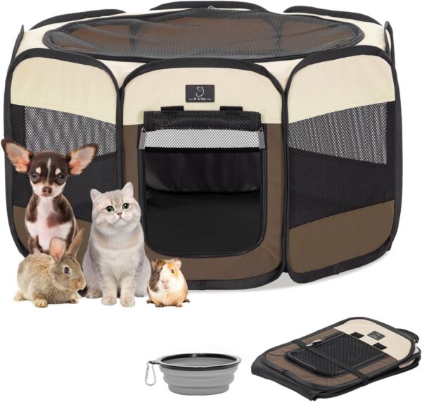 A 4 Pet Dog Playpen for Small Dogs, Waterproof Bottom, Color Block Dog Playpen with Removable Top Portable Collapsible Indoor/Outdoor Use, Bowl