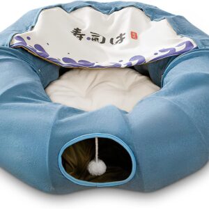 ALLSOPETS Cats Tunnel Bed 2 in 1 Round Foldable Cat Tunnel Toy Cat Bed with 1 Hanging Scratching Balls Indoor Cat Tunnel for Cat Kittens Rabbit Guinea Pig Blue