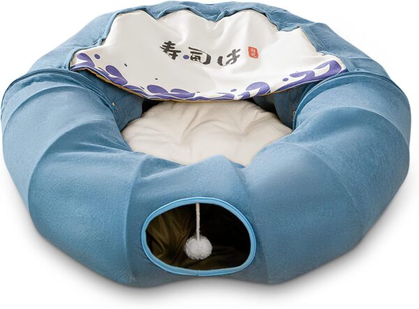 ALLSOPETS Cats Tunnel Bed 2 in 1 Round Foldable Cat Tunnel Toy Cat Bed with 1 Hanging Scratching Balls Indoor Cat Tunnel for Cat Kittens Rabbit Guinea Pig Blue