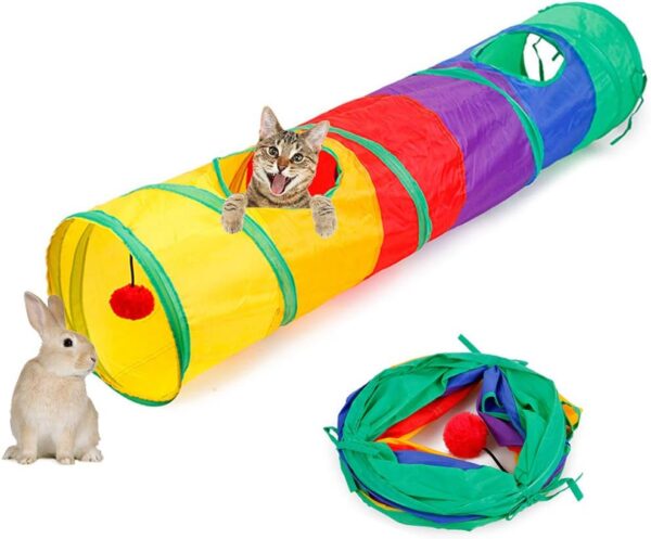 ASOCEA Collapsible Cat Tunnel Interactive Rainbow Tunnel for Indoor Cats Foldable Play Tubes with a Ball Toy for Cat Kitty Puppy Rabbit Exercising Hiding Training Running