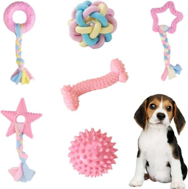 Aliangting Dog Puppy Teething Toys,6 Pack Pink Puppy Chew Toys Set With Ball and Cotton Ropes,dog toys for small dogs,Squeaky Interactive puppy teething toys from 8 weeks