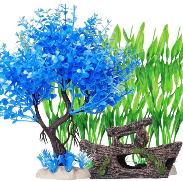 Aquarium Fish Tank Decorations, 16 Pcs Blue Tree & Green Seaweed & Shipwreck Decor Ship Ornament, Artificial Plastic Plants Set for Betta Fish, Goldfish, Turtle