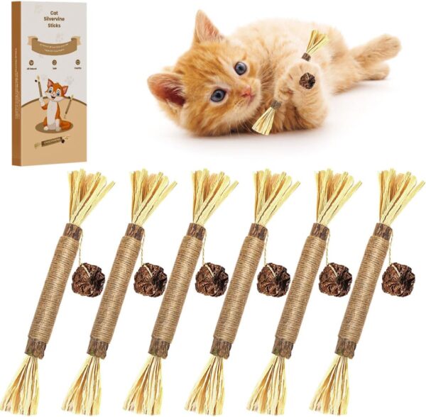 Aucenix Catnip Chew Sticks for kitten, Natural Matatabi Silvervine Cat Toy for Cat Teeth Cleaning, Silvervine for Cats Toys with Catnip, Cat Dental Sticks kitten Toys for Indoor Cats (Brown-6pcs)