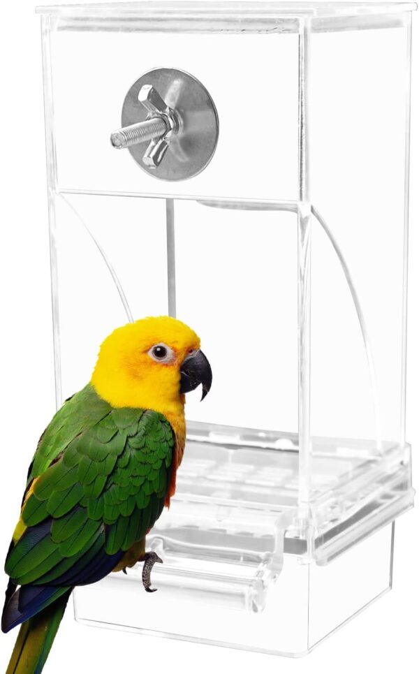 Automatic Bird Feeder Bird Feeder Acrylic Bird Cage Feeder Hanging Seed Food Container Perch Cage Accessories for Small Medium Budgerigar Canary Cockatiel Finch Parakeet Easy to Install Clean