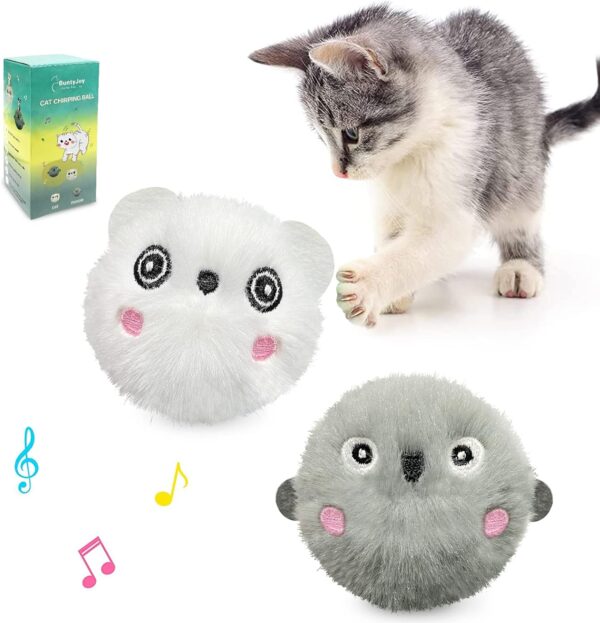 BuntyJoy Cat Toys, Interactive Cat Toys for Indoor Cats Exercise, 2 Pack Fluffy Plush Chirping Balls, Fun Kitty Kitten Kicker Toys