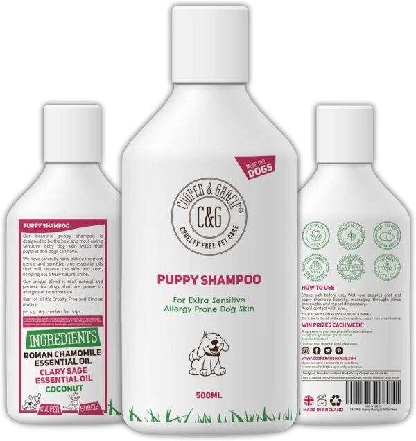 C&G Pets | PUPPY SHAMPOO 500ML | FOR SMELLY DOGS WITH ITCHY SENSITIVE SKIN | MEDICATED CONDITIONER PUPPY SAFE | EFFECTIVE FOR ALLERGY PRONE DOG SKIN | HEALTHY SHINY COAT | NATURAL ESSENTIAL OIL