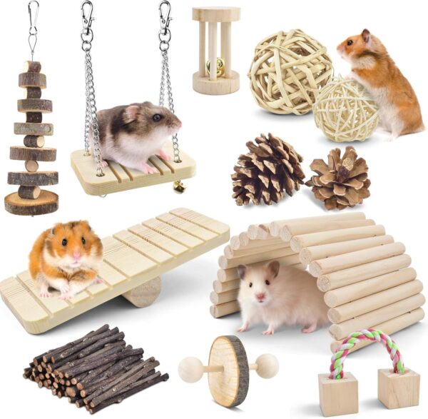 ERKOON Hamster Chew Toys, Hamster Toy Syrian Boredom Breakers Natural Wooden Teeth Care Small Animal Molar Toys, Dumbbell Bridge Swing Seesaw for Small Pet Hamster Rabbits, Gerbils, Guinea Pig