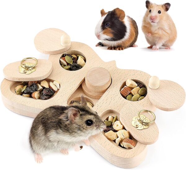 FELISTORY Wooden Foraging Toy for Small Pet - 4 in 1 Interactive Hide Treats Puzzle Snuffle Game, Mental Stimulation Toy for Guinea Pig,Rabbit,Hamster,Hedgehog, Chinchilla, Mouse,Rats,Sugar Gilders