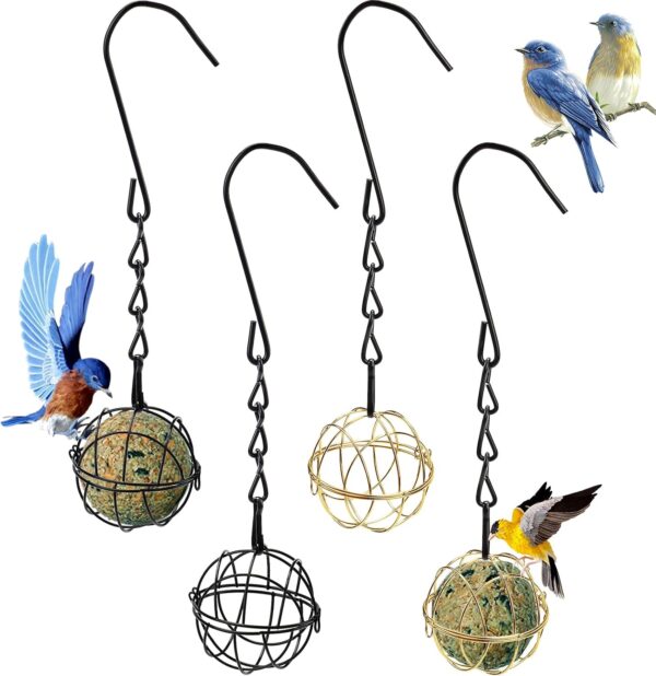 Fat Ball Bird Feeder with Hooks, 4Pcs Balls Suet Feeders, Small Metal Hanging Bird Feeder for Outdoor Garden Wildlife Birds Finch Sparrow