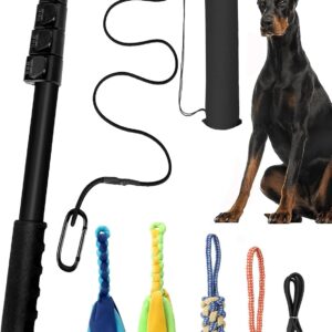 Flirt Pole for Dogs with 4 Chewing Cotton Rope, Heavy Duty Extendable Teaser Wand Pet Flirt Stick Outdoor Interactive Toy for Small Medium Large Dogs Training Pulling