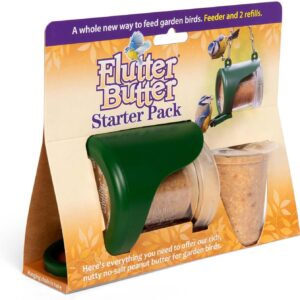 Flutter Butter Starter Pack with 2 Flutter Butter Refills - Peanut Butter for Birds Wild Bird Food - Small Bird Feeder Helps Attract More Birds to Your Garden - Flutter Butter Feeder for EcoRefills