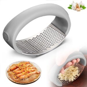 Garlic Press Rocker Stainless Steel Garlic Rocker, Stainless Steel Garlic Press, Cooking Device Garlic Cutter Rocker, Garlic Mill Kitchen Aid with Silicone Garlic Peeler (Grey)