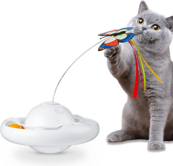 Gmiigu Cat Toy Self-Employment Interactive Electric Intelligence with 2 Butterflies and 2 Balls, 3-Speed Cat Toy Tumbler for Adults Cats, Kittens, White (Without Battery)