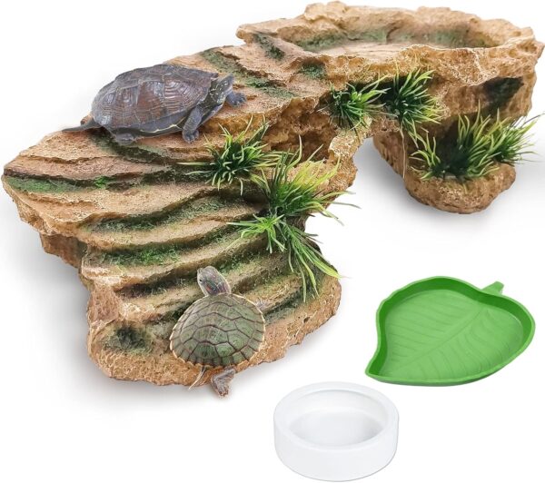 Hamiledyi Turtles Basking Platform 3Pcs Resin Bearded Dragons Climbing Step Ramp Tortoise Resting Dock Rock Hideout with Feeder Bowls for Reptile Lizards Chameleons Geckos Frogs Newts Snakes