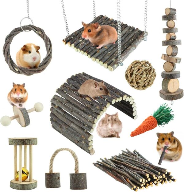 Hamster Toys Rat Toys Chinchilla Toys Hamster Chew Toys Cage Accessories Apple Wood Sticks Ladder Bell Roller for Gerbil Guinea Pigs and Other Small Animal