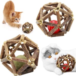 Hioph 2 Pcs Cat Toy Interactive Catnip Balls, Natural Teeth Grinding Chew Mint Ball for Cat, Pet Chasing Wood Rolling Bell Toy