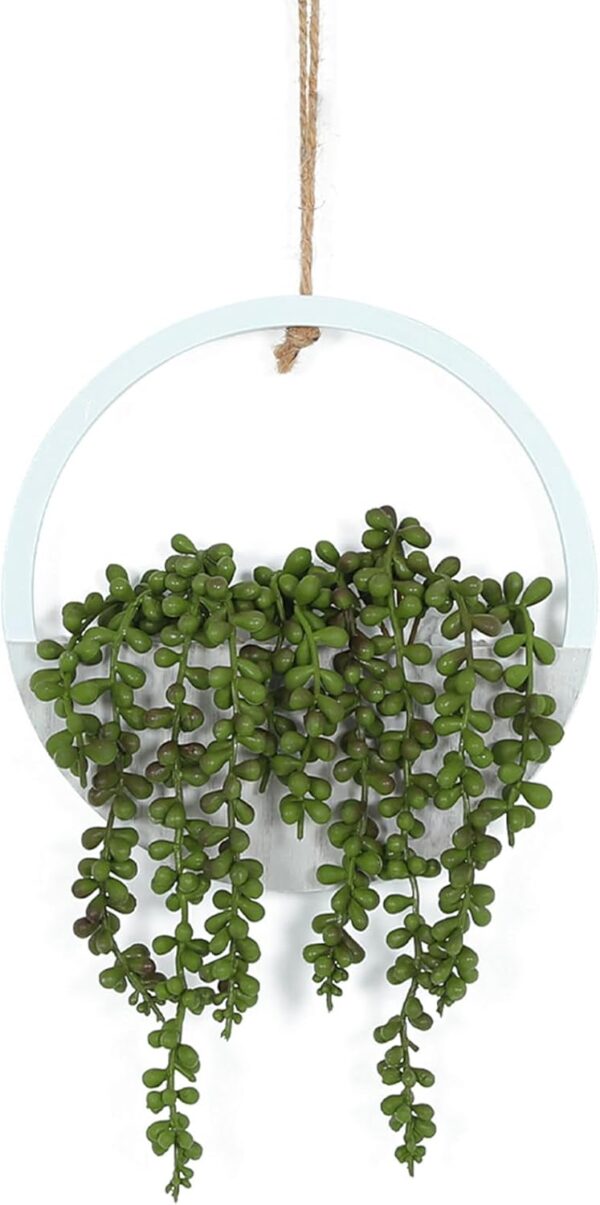 Hobyhoon Hanging Plant Artificial Succulents Fake String of Pearls Plants 12.2'' in Wooden Pot for Indoor Outdoor Wall Decor (1PCS)