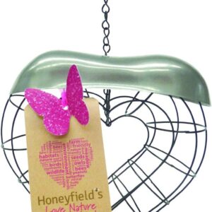 Honeyfields Wild Bird 'Love Nature' Fat Ball Suet Feeder, Heart Shaped, Black metal with a Decorative Stainless Steel lid, Easy to Hang & a great Gift for a Loved one