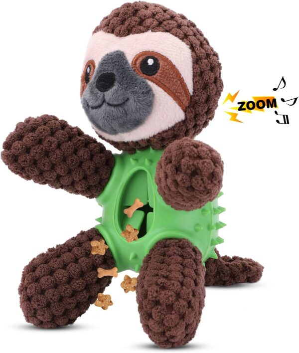 JYPS 4 in 1 Plush Dog Toy for Boredom, Stuffed Soft Puppy Chew Toy with Treat Dispenser, Squeaky Interactive Dog Toy for 8 weeks Small and Medium Dogs Teething (brown sloth)