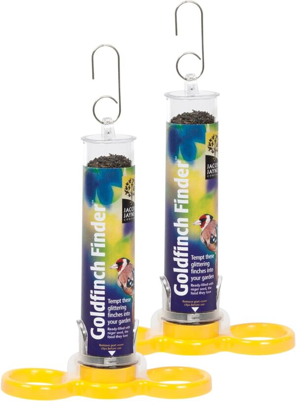 Jacobi Jayne® Pre-filled Niger Bird Feeders for Garden Birds Goldfinch Finder Pack of Two - Hanging Bird Feeders For Small Birds. Niger Bird Feeder Hanging Wire Included, Yellow