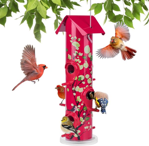 Kingsyard Tube Bird Feeders for Outdoors Hanging, 6-Ports Metal Bird Feeder, 14 inch, Durable & Weatherproof, Large Capacity for Attracting Wild Birds (Red)