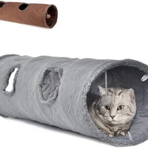 LeerKing Large Cat Tunnel 51"(L) Dia 12" Collapsible Extra Long Cat Play Tunnel Indoor Outdoor Suede Crinkle Cat Tube Tunnel Toy with Ball and Peek Hole for Kittens Rabbits Puppy, L, Grey