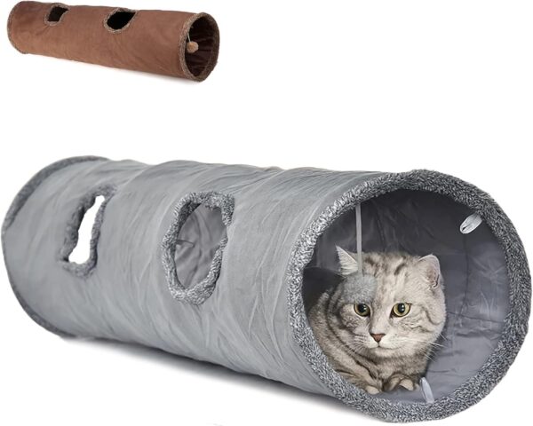 LeerKing Large Cat Tunnel 51"(L) Dia 12" Collapsible Extra Long Cat Play Tunnel Indoor Outdoor Suede Crinkle Cat Tube Tunnel Toy with Ball and Peek Hole for Kittens Rabbits Puppy, L, Grey