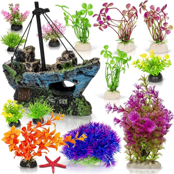 M PELOSA Fish Tank Accessories – 13 Faux Aquarium Plants and Resin Shipwreck – Colourful – Safe for Fish – Easy to Clean Fish Tank Decorations