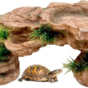 M2cbridge Reptile Hide Resting Step Ledge Cave Hideout Turtle Basking Platform – Great for Reptiles, Amphibians, and Fish (Sandy Brown)