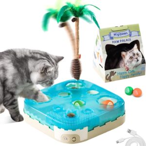 Migipaws Cat Toy,7-in-1 Automatic Interactive Kitten Toys Pack,Rolling Ball,Cat Feather Wand,Catnip Ball,Cat Self Grommer,Cardboard Cat House,Rechargeable,Paw Palace for Indoor Cats