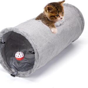 Nobleza Cat Tunnel Toy in Suede, Collapsible Cat Tunnels for Indoor Cats, Cat Play Tube Tunnel with Suspended Ball and Peek Hole Crinkle Sound for Pet Rabbits Kittens, D25*L60cm, Gray