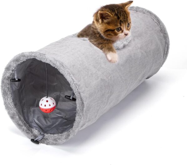 Nobleza Cat Tunnel Toy in Suede, Collapsible Cat Tunnels for Indoor Cats, Cat Play Tube Tunnel with Suspended Ball and Peek Hole Crinkle Sound for Pet Rabbits Kittens, D25*L60cm, Gray