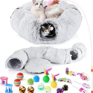 Odoland Large Cat Tunnel Toy with Plush Cat Bed, Foldable Pet Tunnel Bed for Indoor, Multifunctional Cat Donut Tunnel with Ball & Peek Holes, Cat Toys, Crinkle Play Tunnel Tube for Cat - Grey