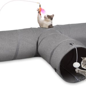 Ownpets Cat Tunnel, Large 3 Way Pet Tunnel with Sturdy Oxford Fabric, Foldable and Resistant to Tearing, Featuring Multiple Exits, Hanging Ball and Teaser Wand，Diameter 30CM