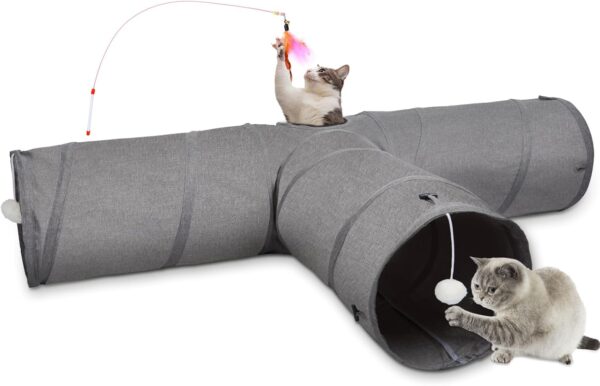 Ownpets Cat Tunnel, Large 3 Way Pet Tunnel with Sturdy Oxford Fabric, Foldable and Resistant to Tearing, Featuring Multiple Exits, Hanging Ball and Teaser Wand，Diameter 30CM