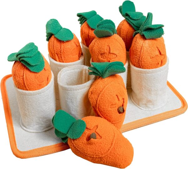 PAWS MANIA Interactive Dog Puzzle Toy (Carrot) for small to medium sized dogs, hide and seek treats with hidden squeakers