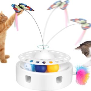 PETTOM 3 in 1 Interactive Cat Toy for Indoor Automatic Cat Teaser Toy, Electronic Auto Random Ambush Feather &Rotating Floating Butterfly& 3 Ball Exercise with Cat Toys(White)