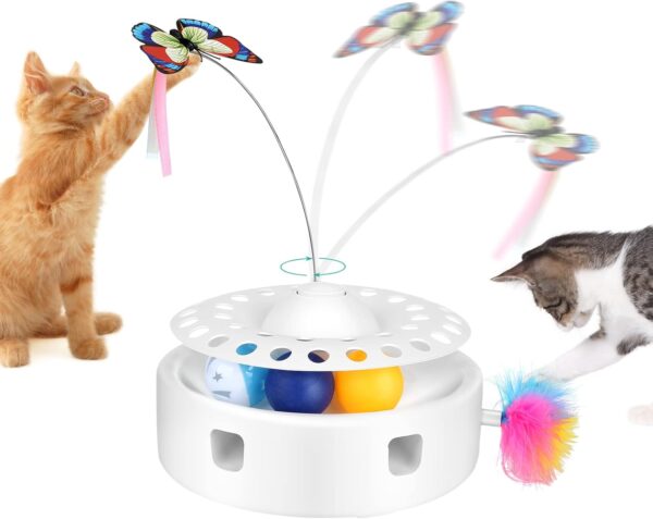 PETTOM 3 in 1 Interactive Cat Toy for Indoor Automatic Cat Teaser Toy, Electronic Auto Random Ambush Feather &Rotating Floating Butterfly& 3 Ball Exercise with Cat Toys(White)