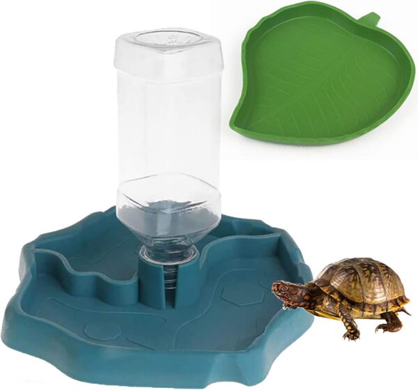 PINVNBY Reptile Food Water Bowl 2 in 1 Feeding Dish Automatic Dispenser Turtle Feeders Waterer With Leaf Plate Dish for Lizards Tortoises Gecko Chameleon 2 PCS (blue)